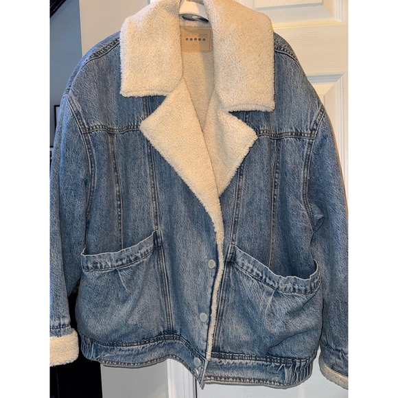 Blank NYC Denim Jacket Sherpa Collar Lined Oversized Moto Coat Medium‎ - Picture 7 of 10